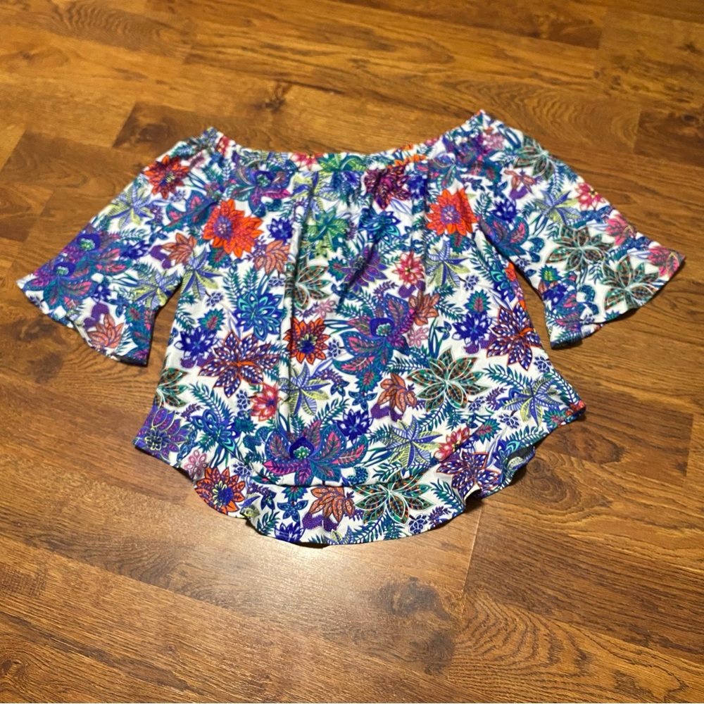 Jude Connally Demi Off-Shoulder Blouse Sz M Multicolor Floral Ruffle Flutter
